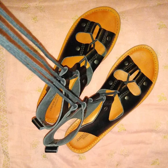 Lace Up Ankle Tie American Eagle Outfitters Black Brown Gladiator Sandals - Picture 4 of 9